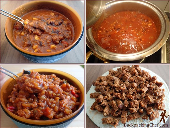 Plant Based Hiking Foods made with Beyond Burger: Chili, Unstuffed Peppers, and Taco Tortillas.