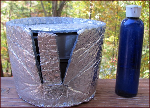 Evernew titanium pot with fry pan lid inside a custom pot cozy.