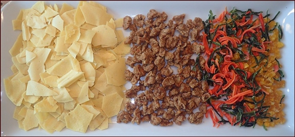 Dehydrated mashed potatoes, ground meat, and vegetables.