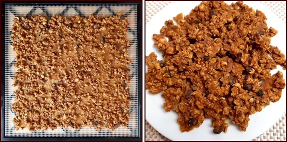 Photo on left shows the ingredients almost dry after flipping the tray over and removing the nonstick sheet. Photo on right shows pumpkin-peanut butter granola clusters ready for a snack attack.