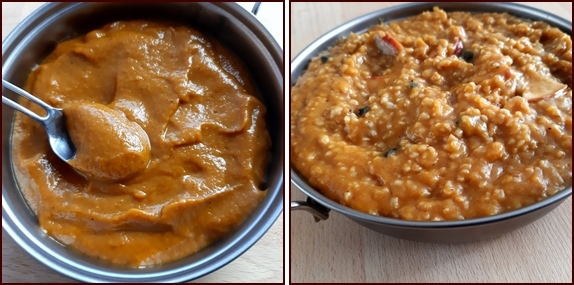 Photos: Pumpkin-Peanut Butter Leather rehydrated into pudding (l), or mixed into oatmeal (r).
