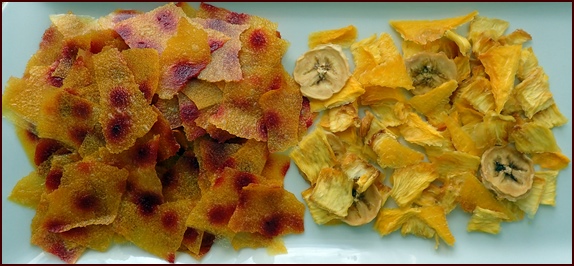 Photo shows raspberry-mango fruit leather (another attempt at creativity) with dehydrated tropical fruits—mango, pineapple, and banana.