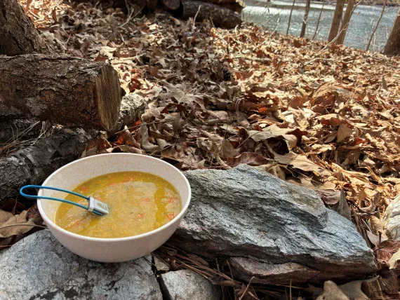 Rehydrated creamy chicken soup at campsite.