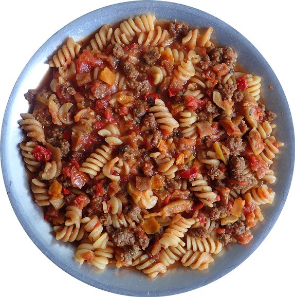 Rehydrated pasta meal with rotini, vegetable marinara sauce, and ground beef.