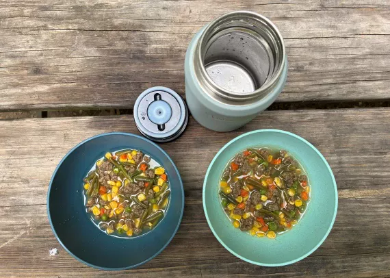 Rehydrating beef and vegetables in thermos. Rehydrating beef and vegetables in thermos.