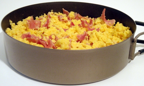 Backpacking Breakfast: Dehydrated Scrambled Eggs & Ham which have been rehydrated.