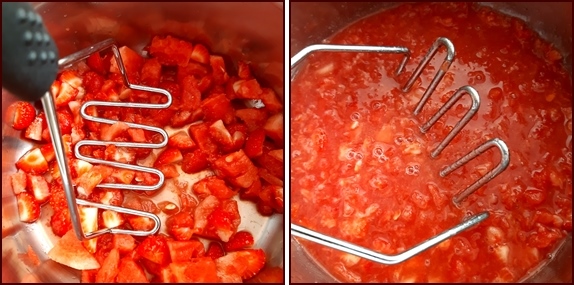 Strawberry-watermelon fruit leather ingredients in pot to be simmered.