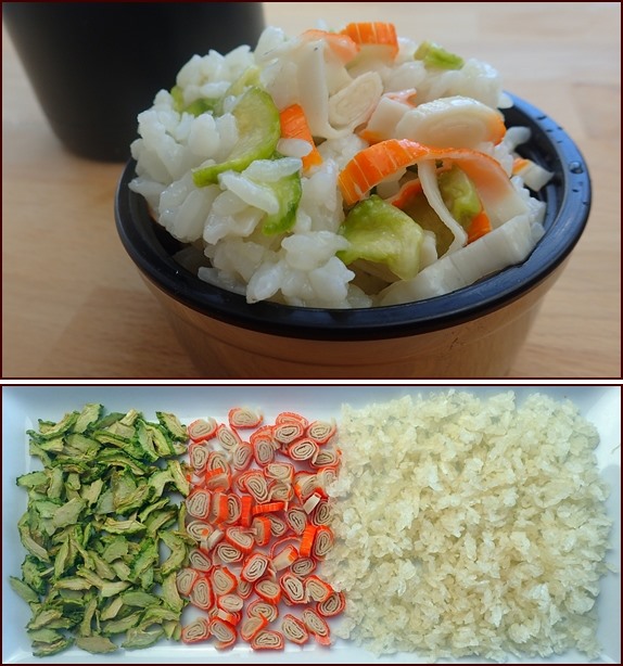 Sushi rice bowl rehydrated with cold water in thermos food jar from dried ingredients.