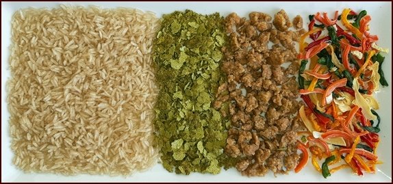 Thai green curry ingredients: dried jasmine rice, green curry paste, ground chicken, and mixed vegetables. Dried tofu may be substituted for chicken.