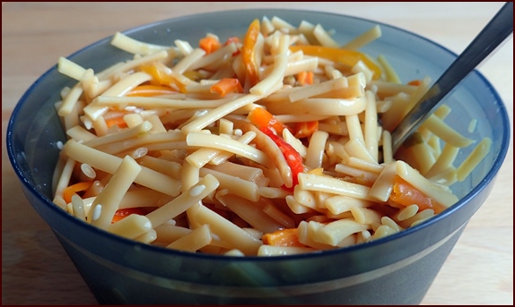 Thai peanut noodles rehydrated with cold water.