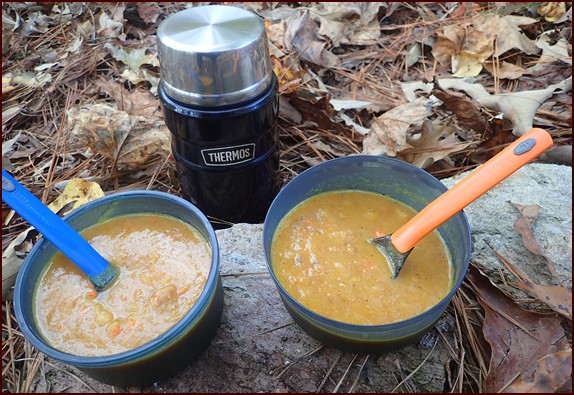 Two servings of fish chowder rehydrated in thermos food jar.