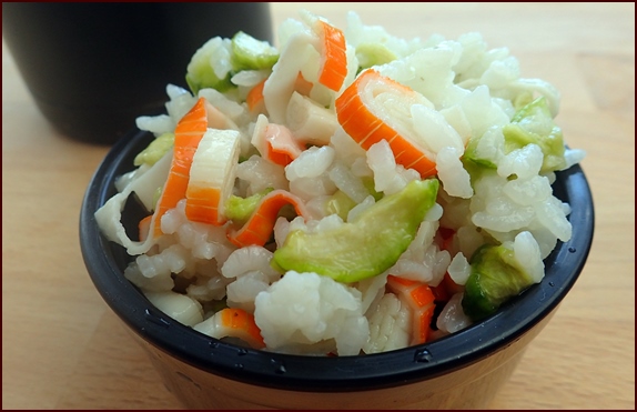 Sushi Rice Bowl, a cold-soak salad rehydrated in thermos food jar.