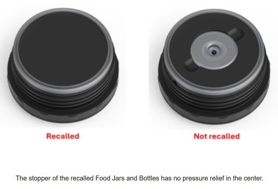Stopper of recalled thermos food jar on left, new stopper with pressure-release on right.