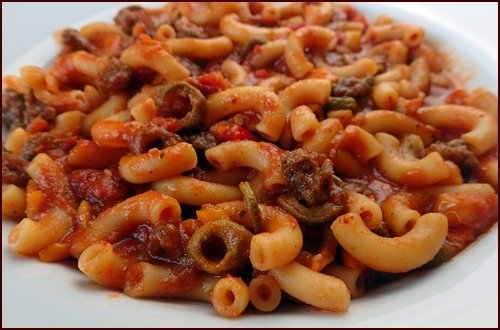 Backpacking Meal made with tomato powder. Macaroni with ground beef, bell peppers, and olives.