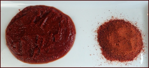 Reconstituted tomato sauce (left) made from tomato powder (right)