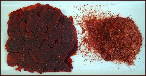 Tomato sauce leather on left, tomato powder on right.