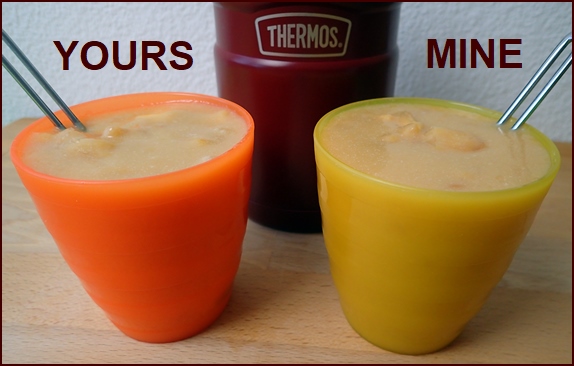 Photo shows two servings of Tropical Mango Spoon Smoothie with Coconut Milk.