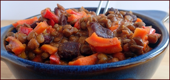 Rehydrated vegetarian green lentil chili.