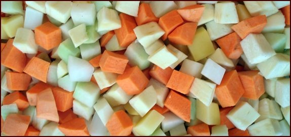 Diced sweet potatoes, parsnips, turnips, and rutabaga.