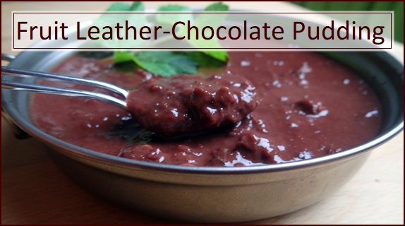 Cherry-watermelon fruit leather chocolate pudding rehydrated with hot water.
